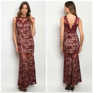 Womens Burgundy Lace Mermaid Maxi Dress with Sheer Panel Scalloped Edge size 6 8